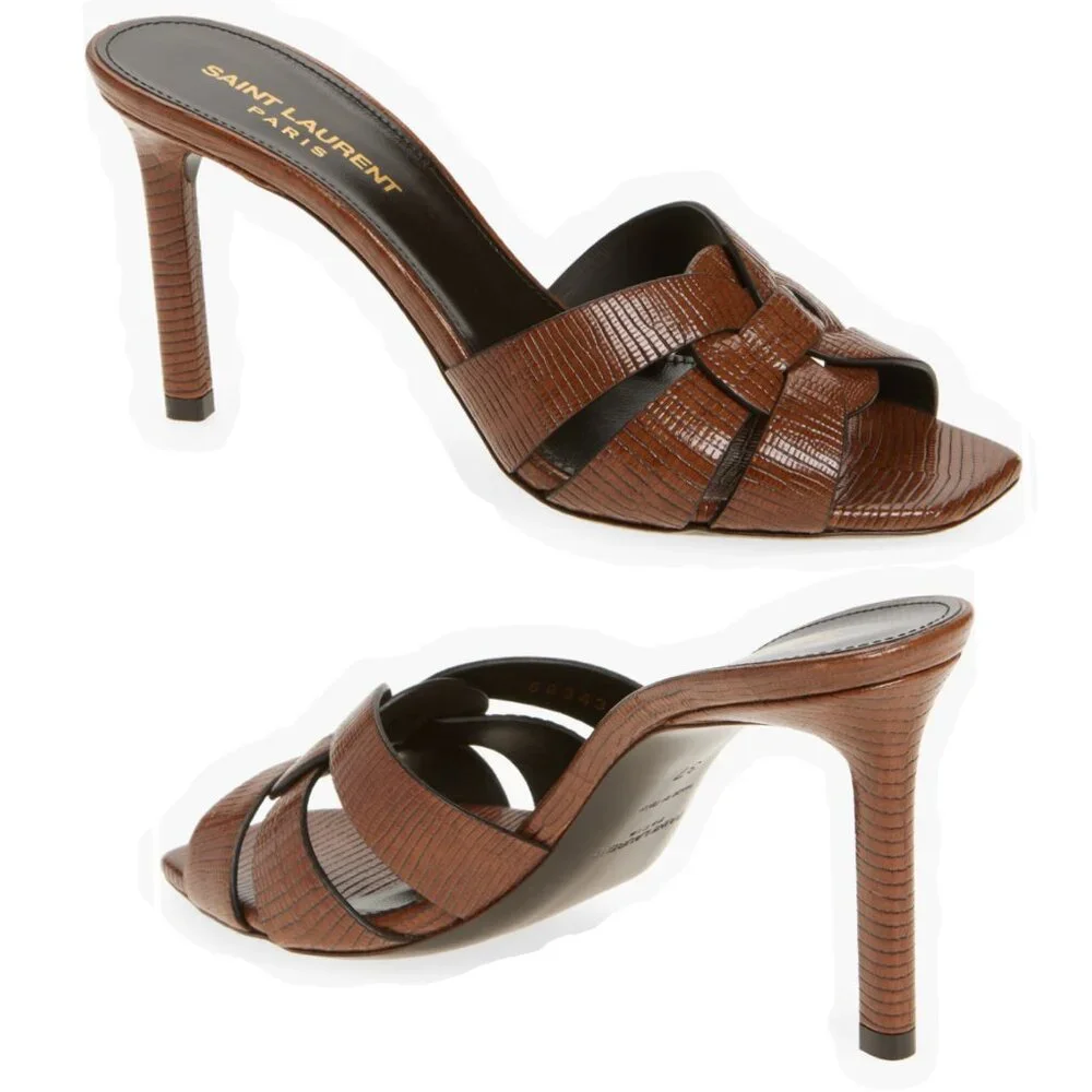 Saint Laurent Tribute Leather Heeled Mules Brown Women Slides Size 37 US7.5 - Picture 10 of 13